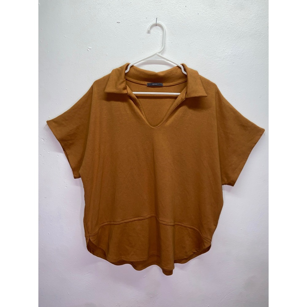 Gyft Mustard Brown Dolman Short Sleeve Polo V-Neck High Low Slouchy Knit Top LXL